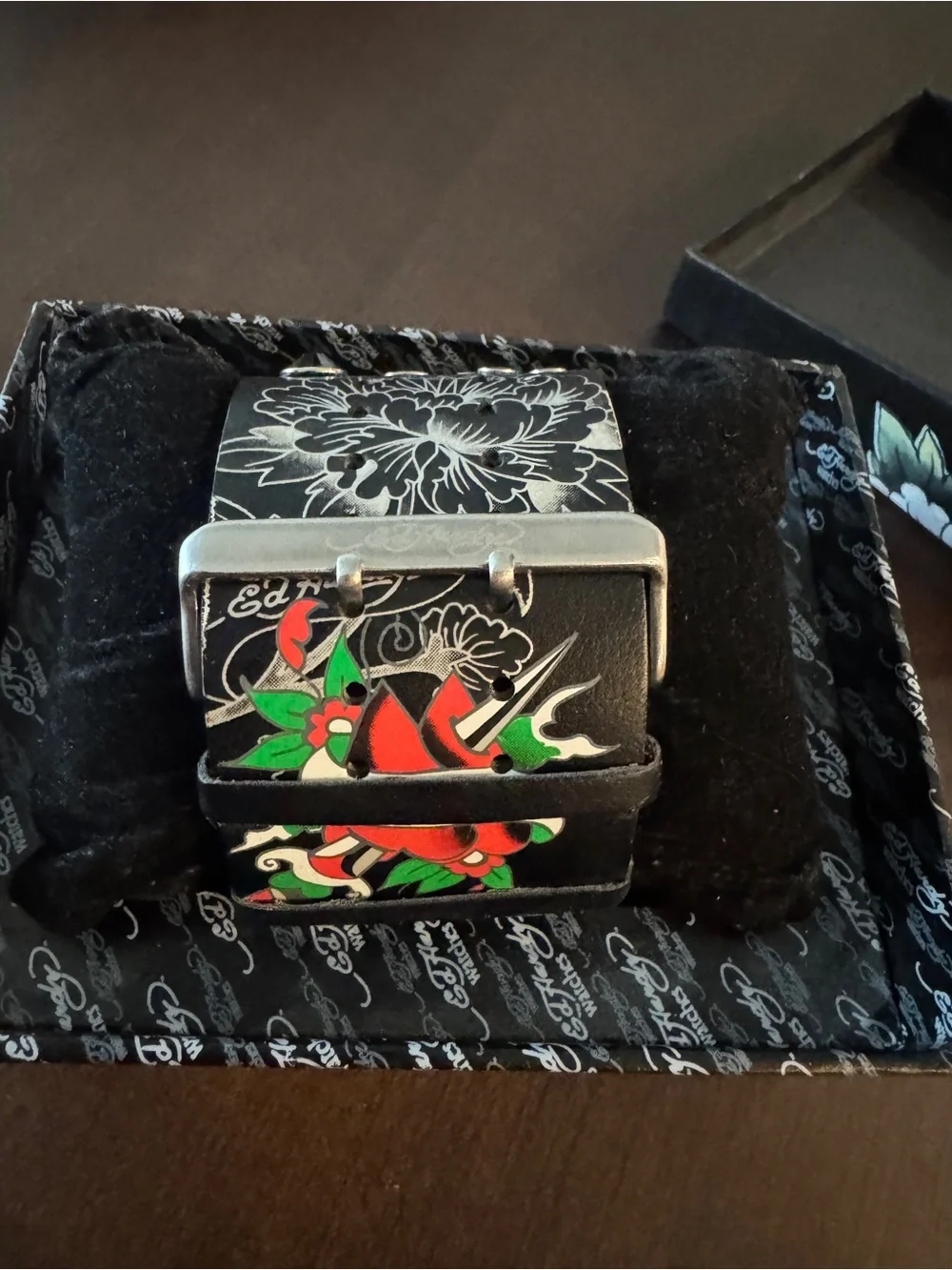 Women’s Ed Hardy Silver and Black Wide Leather Cuff Watch
